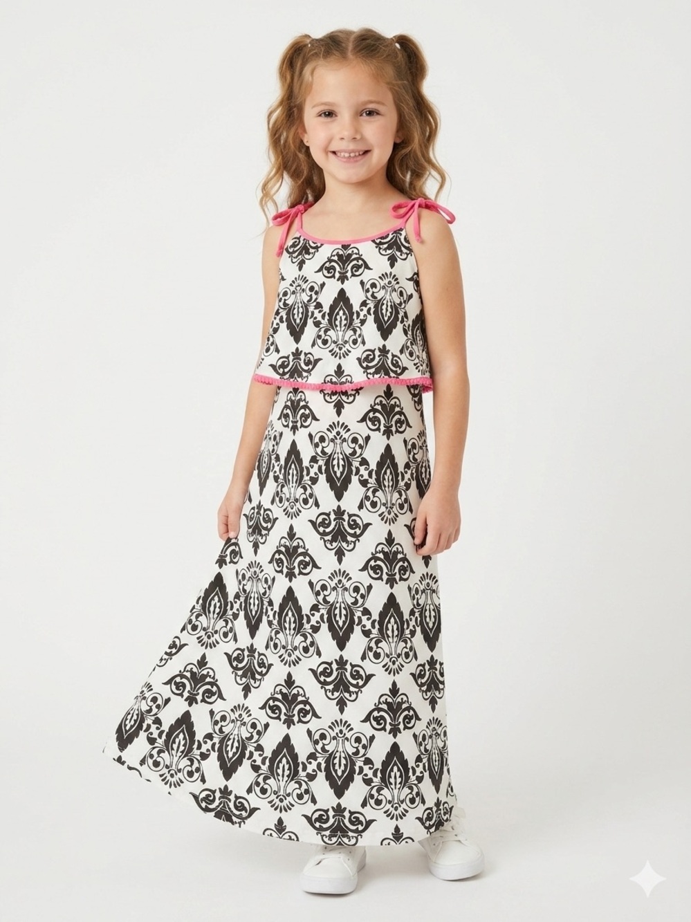 Mia Belle Couture Black & White Printed Maxi Dress with Pink Trim Size 6